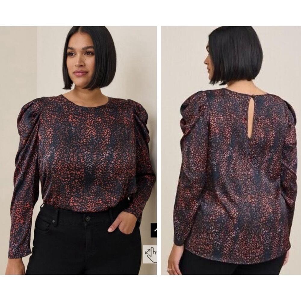 Torrid Black Colorful Leopard Satin Puff Sleeve Blouse Plus Size 4X NEW